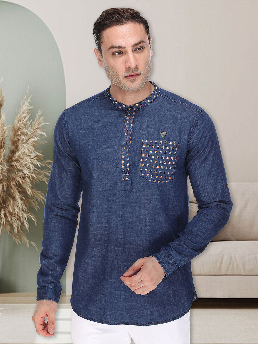 Kuons Avenue Men Indigo Blue Yoke Design Thread Work Denim Kurta