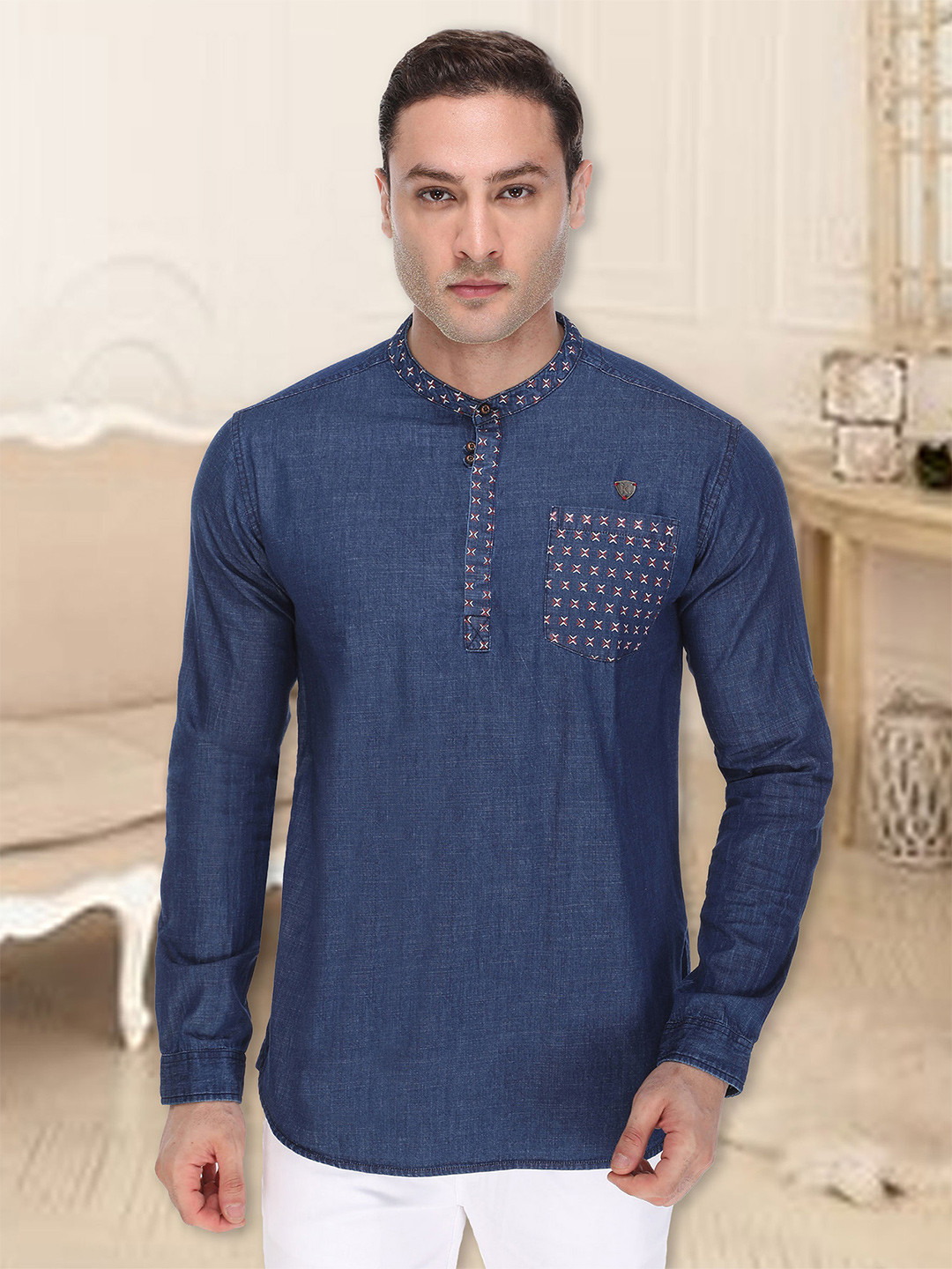Kuons Avenue Men Blue Thread Work Denim Kurta