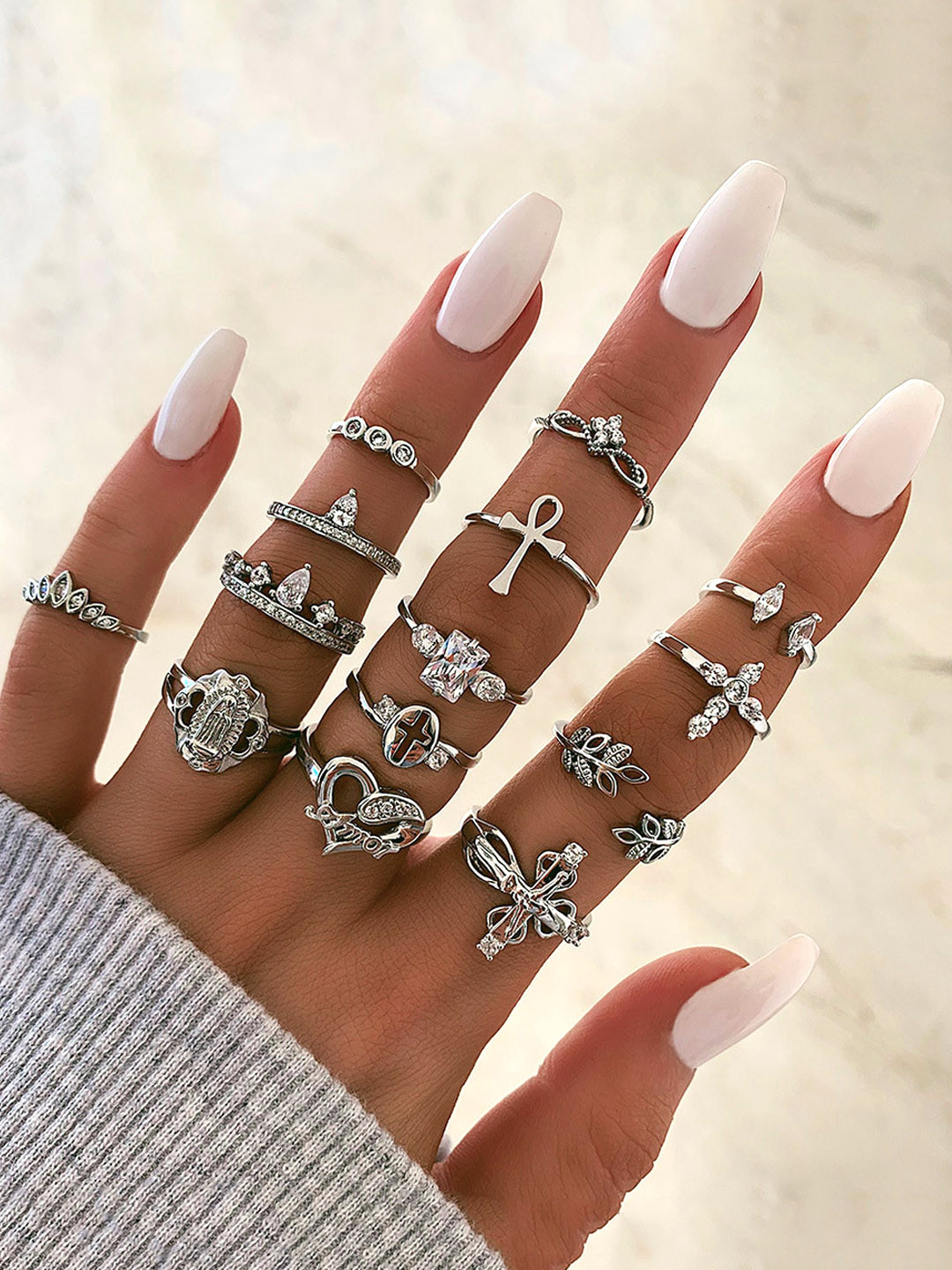 Yellow Chimes Set Of 14 Rhodium-Plated Silver-Toned & White Rhinestone-Studded Handcrafted Midi Finger Rings