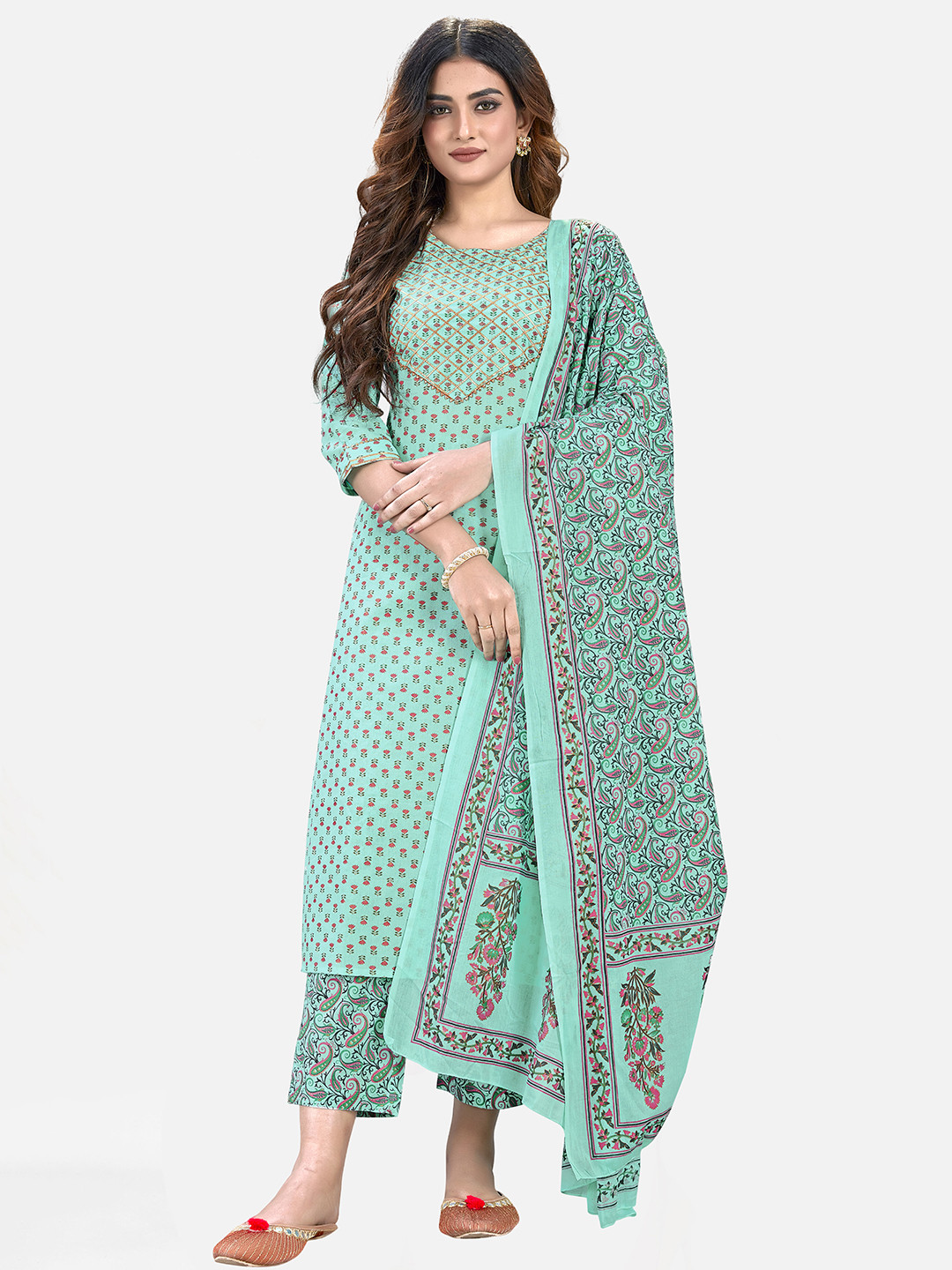 Vbuyz Women Cotton Foil Print & Gota Patti Work Straight Kurta Pant with Dupatta