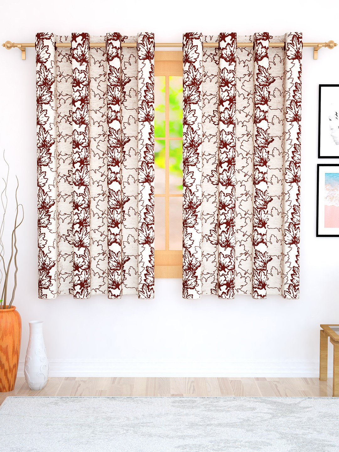 Story@home Off White & Maroon Set of 2 300GSM Semi Blackout Jacquard Eyelet Ringtop Window Curtain