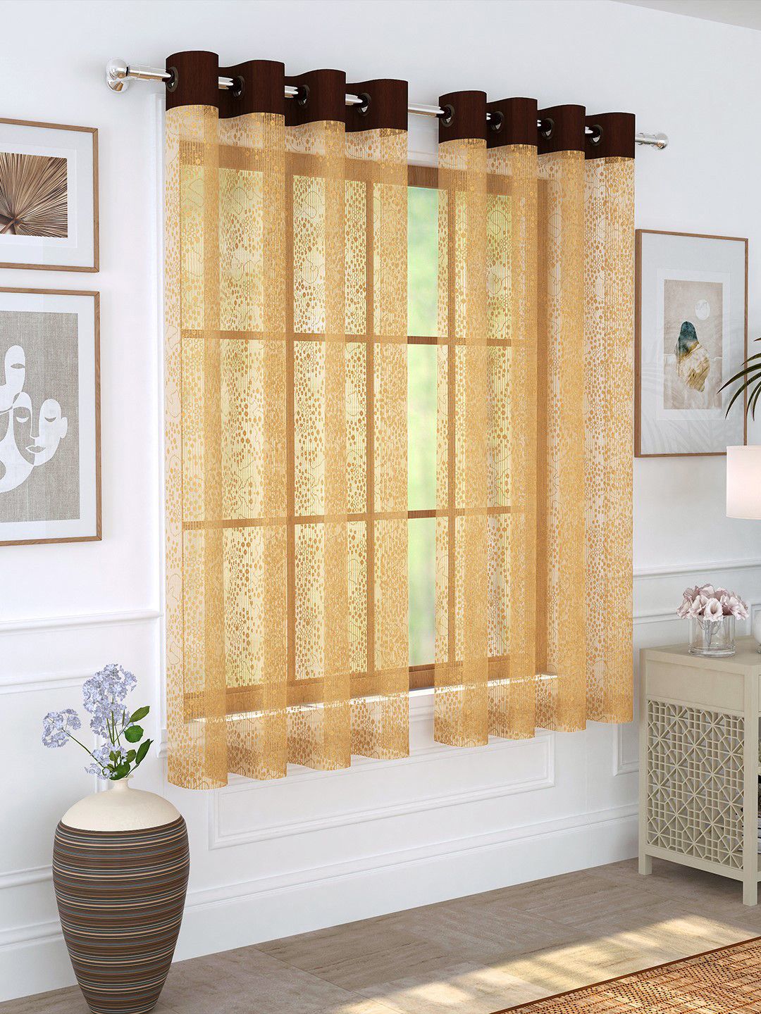 Story@home Set Of 2 Camel Brown Off White Sheer Window Curtains