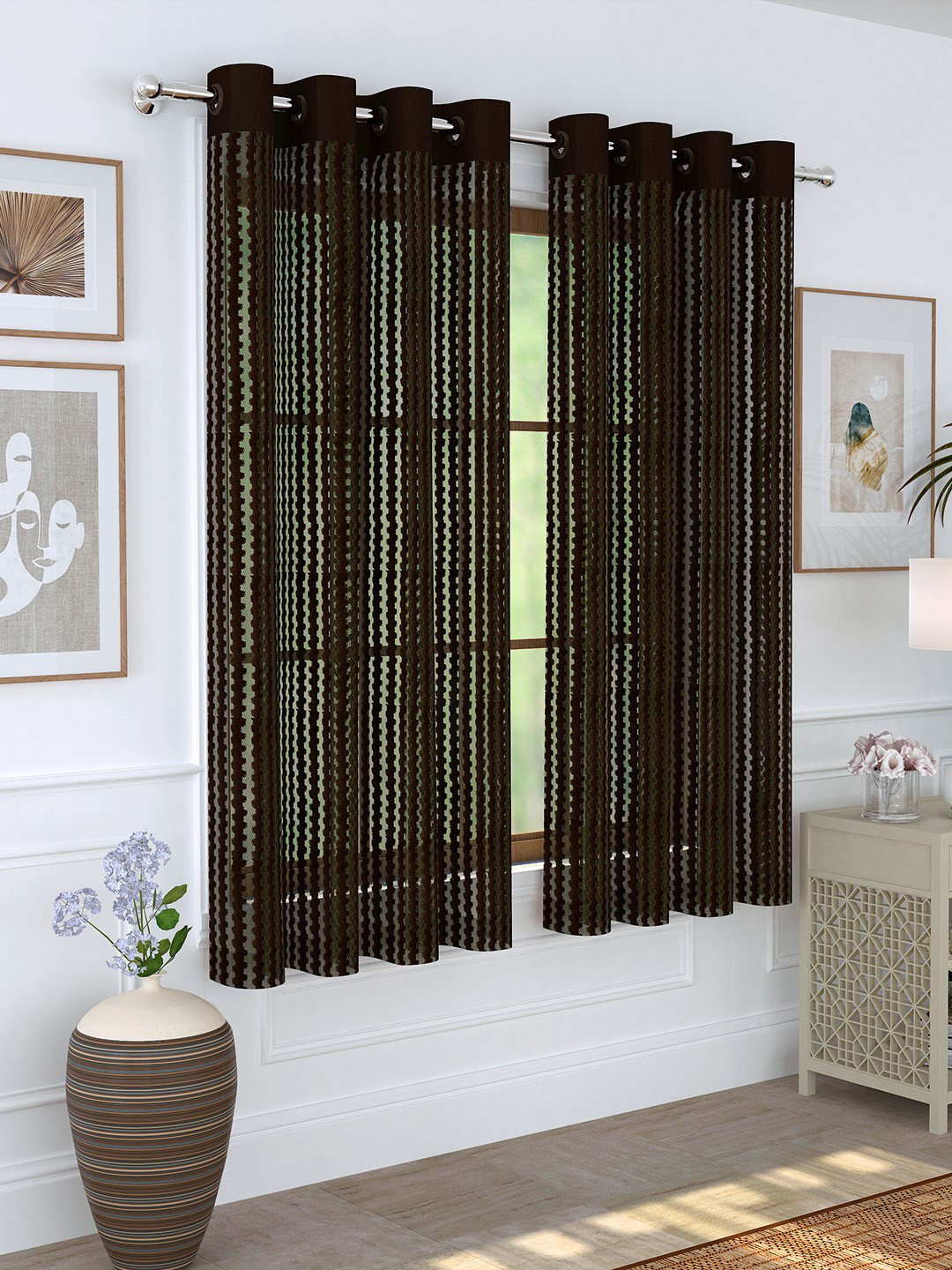 Story@home Set Of 2 Brown & White 200GSM Sheer Semi Window Curtains