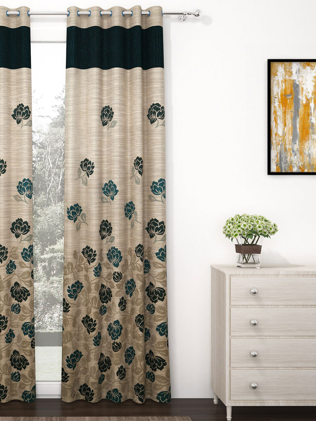Story@home Grey & Green Premium Jacquard 350GSM Room Darkening Eyelet  Long Door Curtain