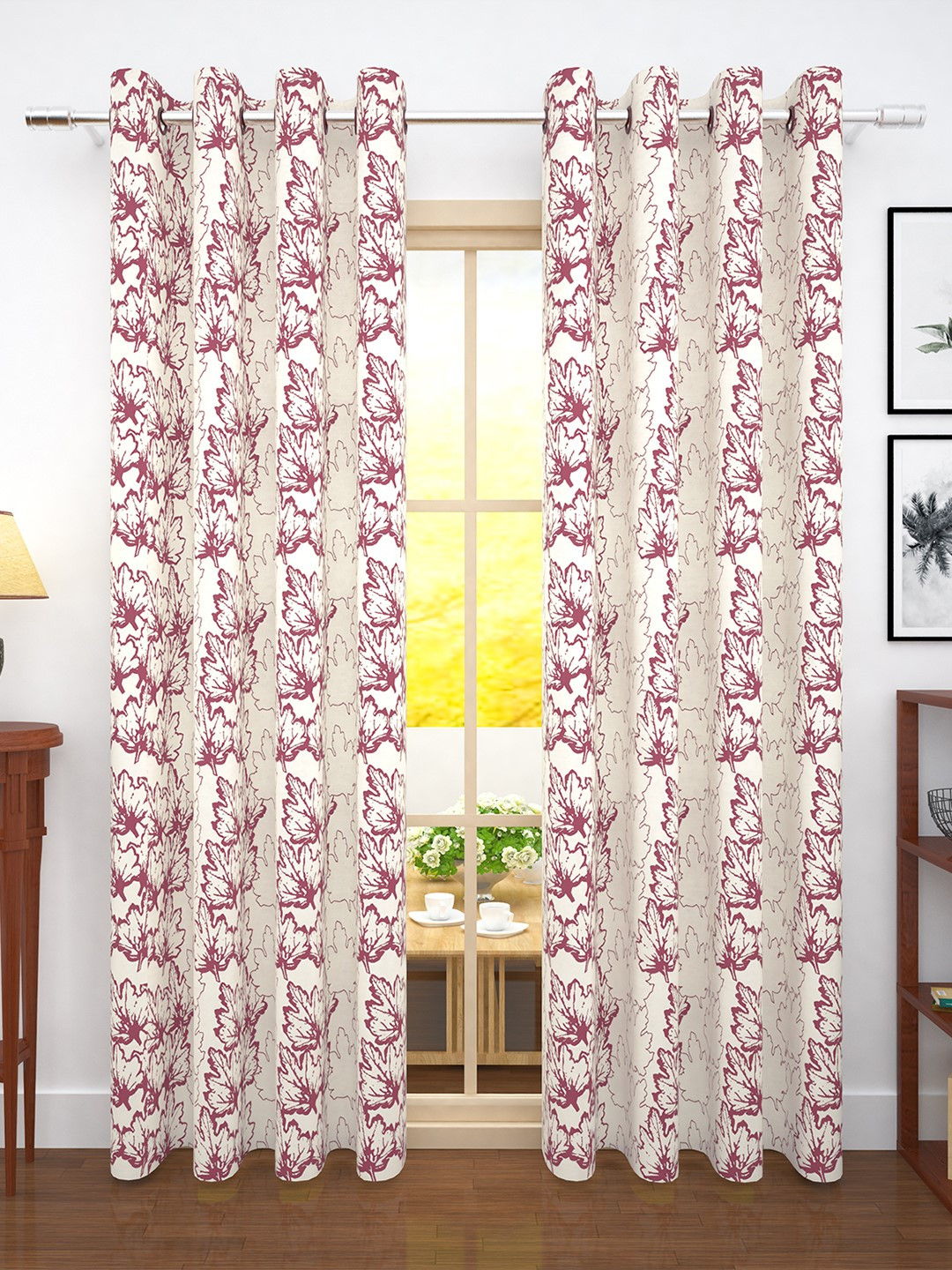 Story@home Off White & Pink Set of 2 300GSM Semi Blackout Jacquard Eyelet Ringtop Door Curtains