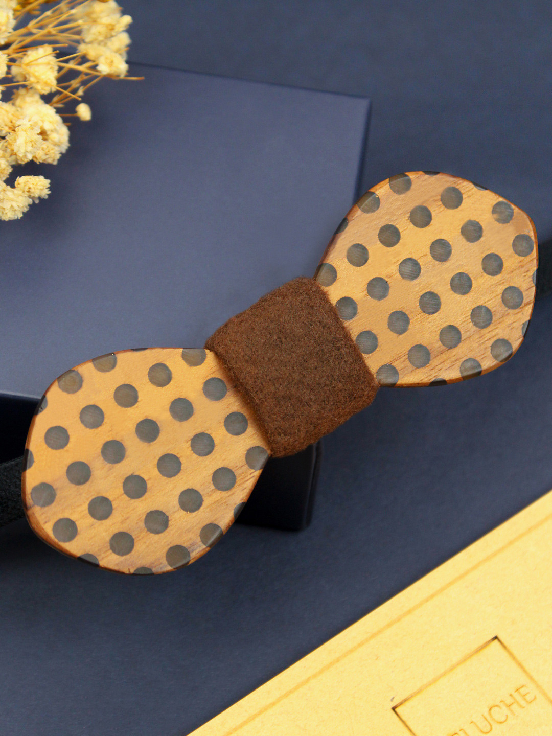 PELUCHE Men Yellow Dotted Design Yellow Wooden Bow Tie