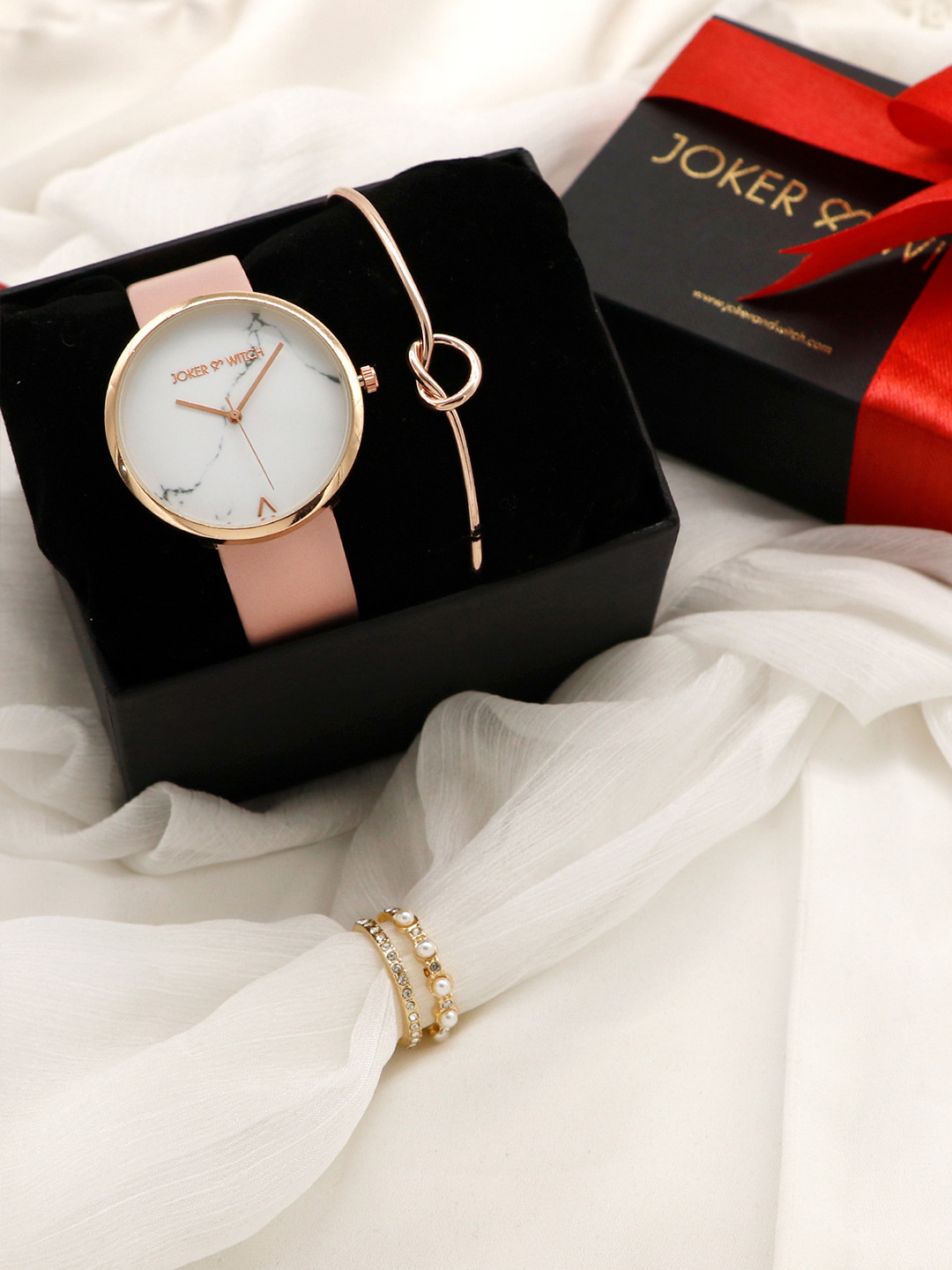 JOKER & WITCH Women Rose Gold-Toned & White Stardust Love Triangle Watch Gift Set JWLT28