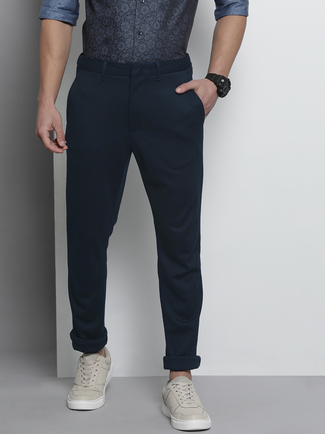 Tommy Hilfiger Men Navy Blue Textured Slim Fit  Jersey Modern chino Trousers