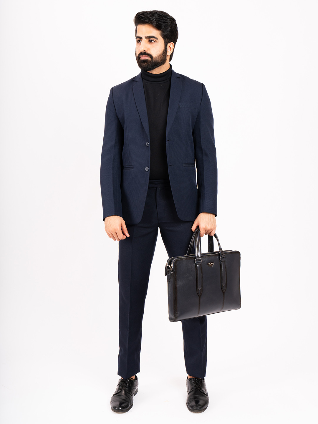 eske Men Navy Textured Dual Compartment Trolley Strap 15 inch Leather Laptop Briefcase