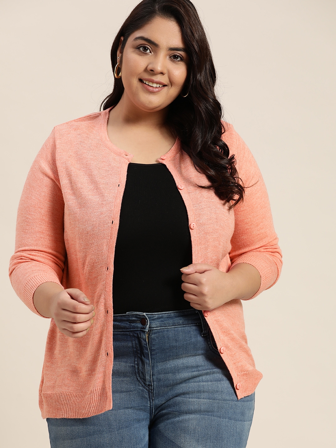 Sztori Women Plus Size Peach-Coloured Solid Cardigan
