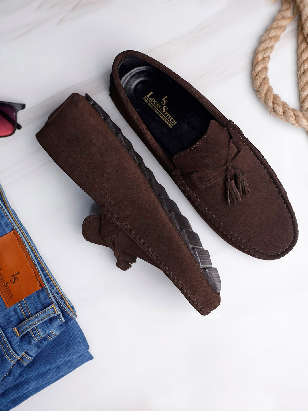 LOUIS STITCH Men Brunette Brown Italian Suede Leather Handmade Driving Tassel Loafers