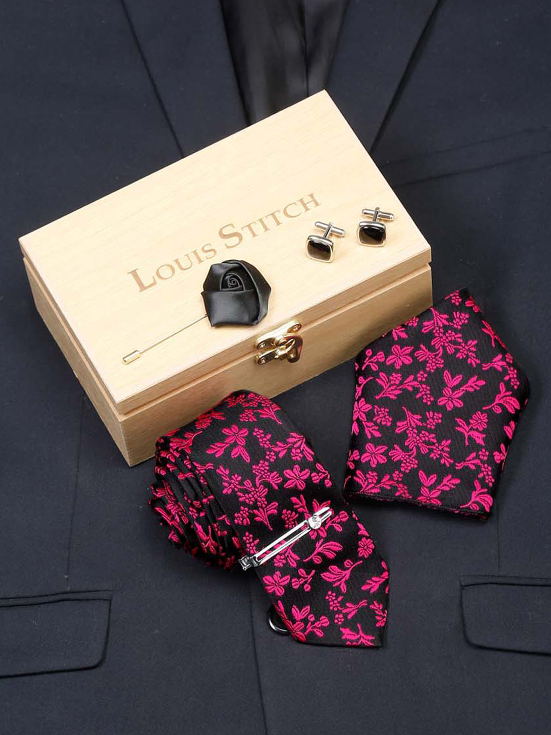 LOUIS STITCH Men Floral Self Design Italian Silk Necktie Accessory Gift Set