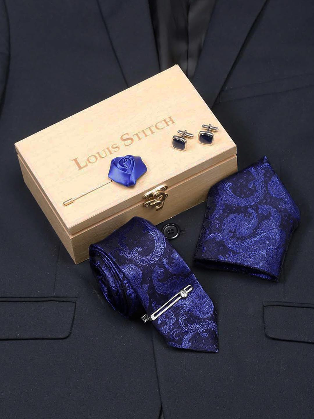 LOUIS STITCH Men's Royal Blue Italian Silk Necktie Accessory Gift Set