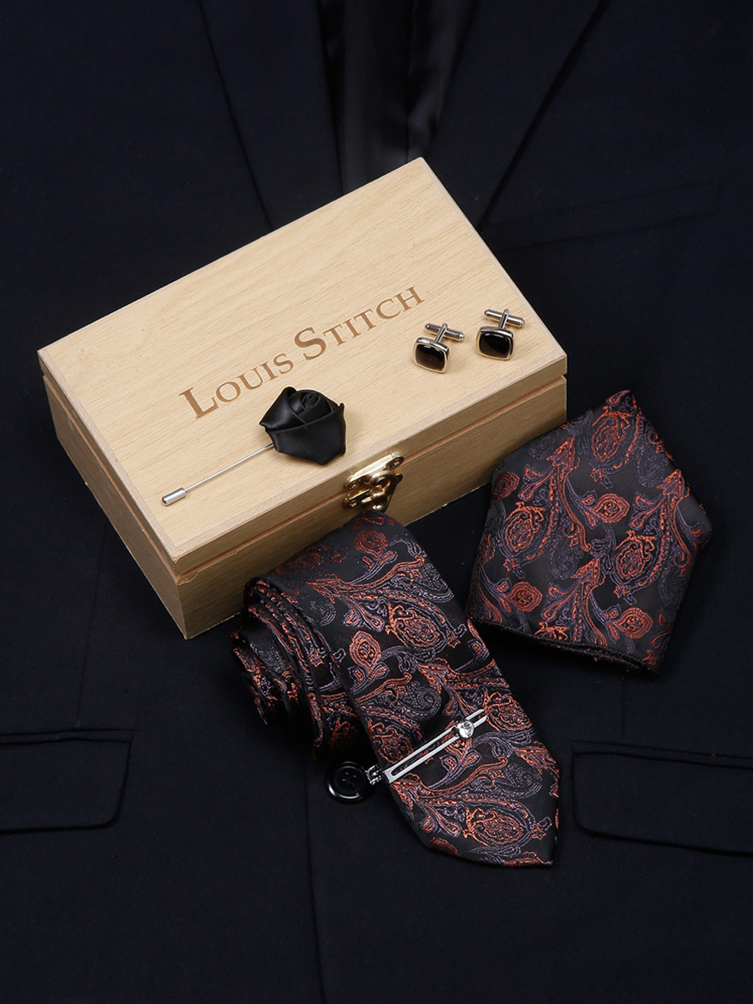Men LOUIS STITCH Accessories Set Tie Cufflinks Pocket Square Brooch Suit