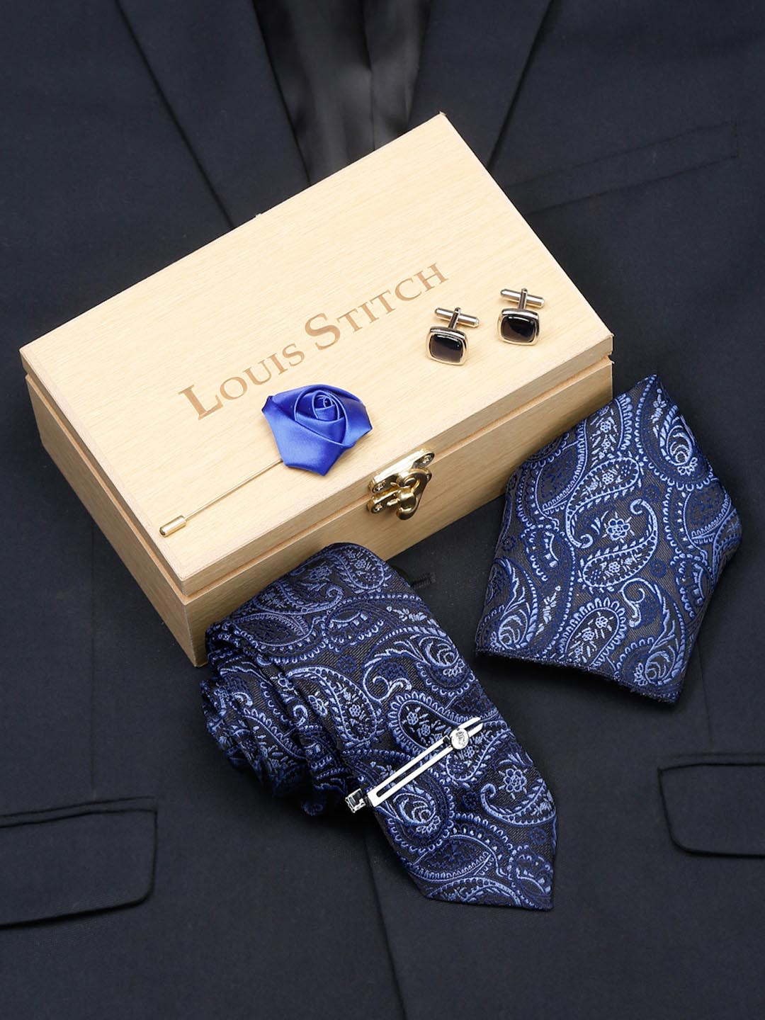 LOUIS STITCH Men's Royal Blue Italian Silk Necktie Accessory Gift Set