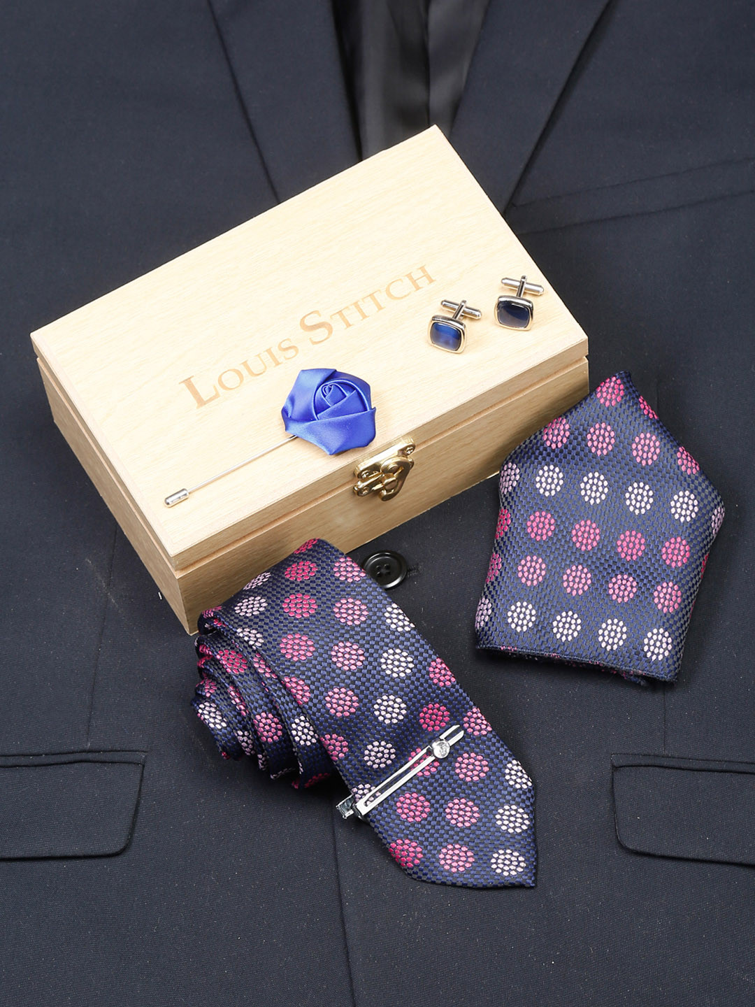 Louis Stitch Men Printed Silk Necktie Accessory Gift Set