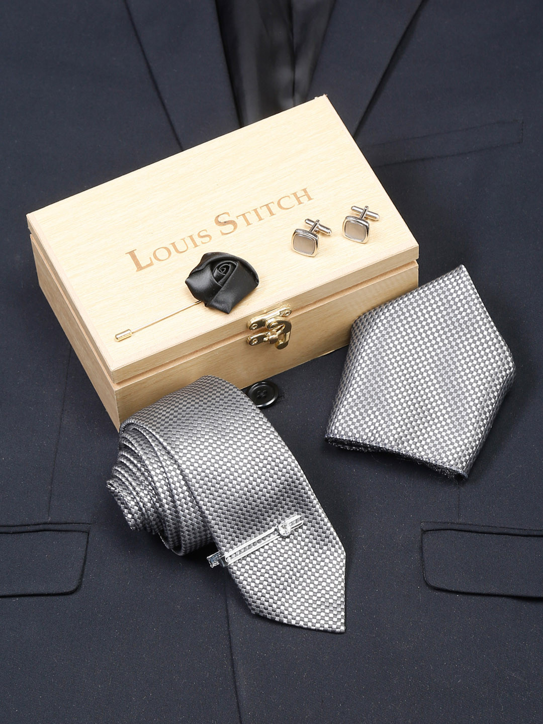 LOUIS STITCH Men's Checkered Black Italian Silk Necktie Accessory Gift Set