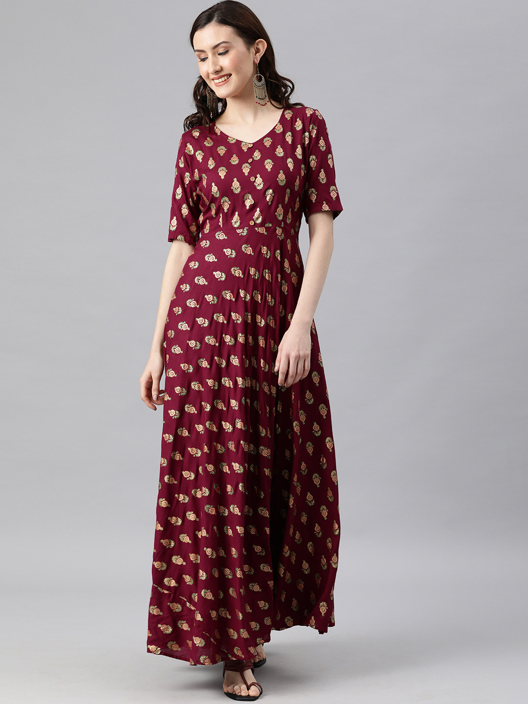Swishchick Maroon & Gold-Toned Ethnic Motifs Maxi Dress