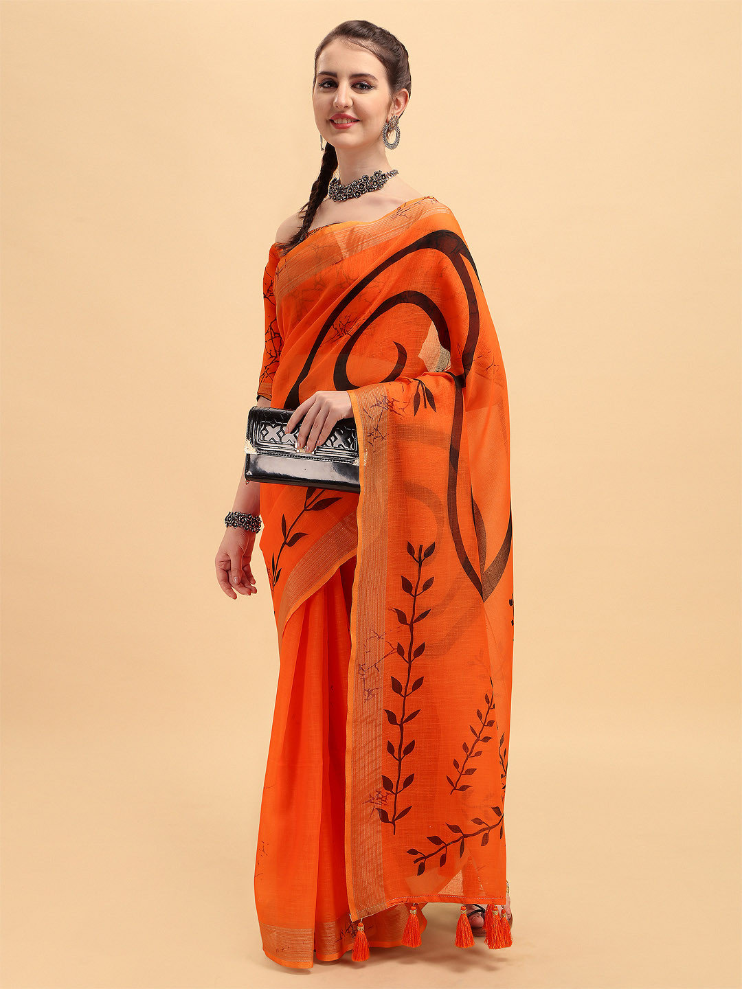 Sangria Orange & Black Zari Pure Linen Saree