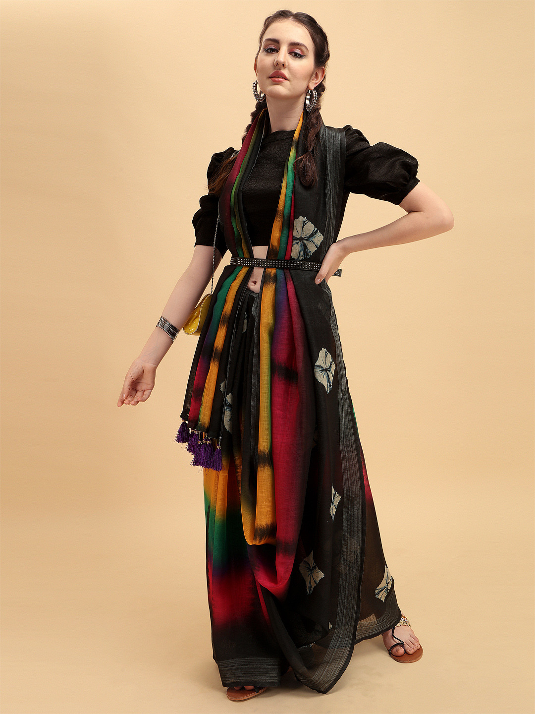 Sangria Black & Pink Colourblocked Zari Pure Linen Saree