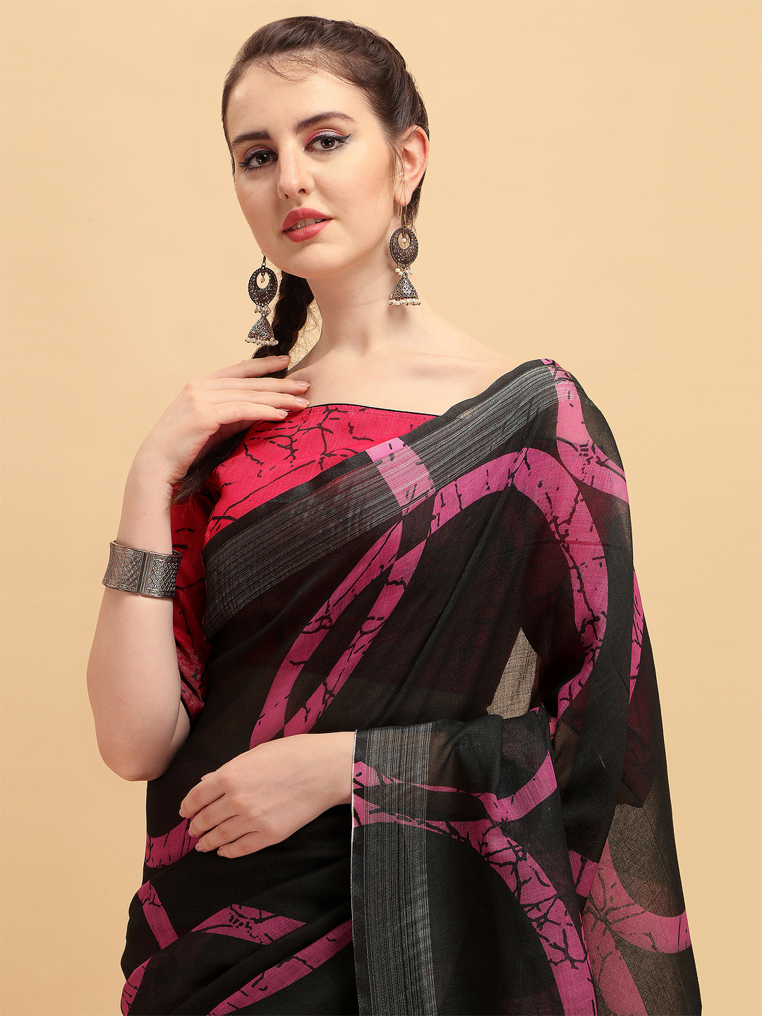 Sangria Black & Pink Pure Linen Saree