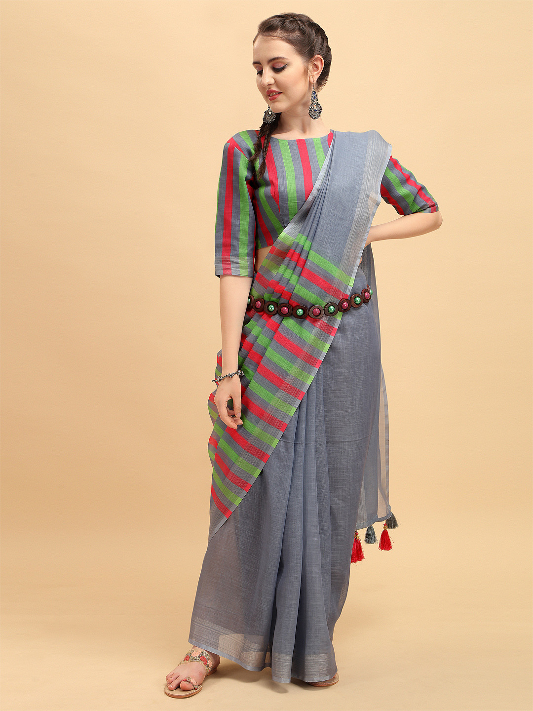 Sangria Grey & Red Pure Linen Saree