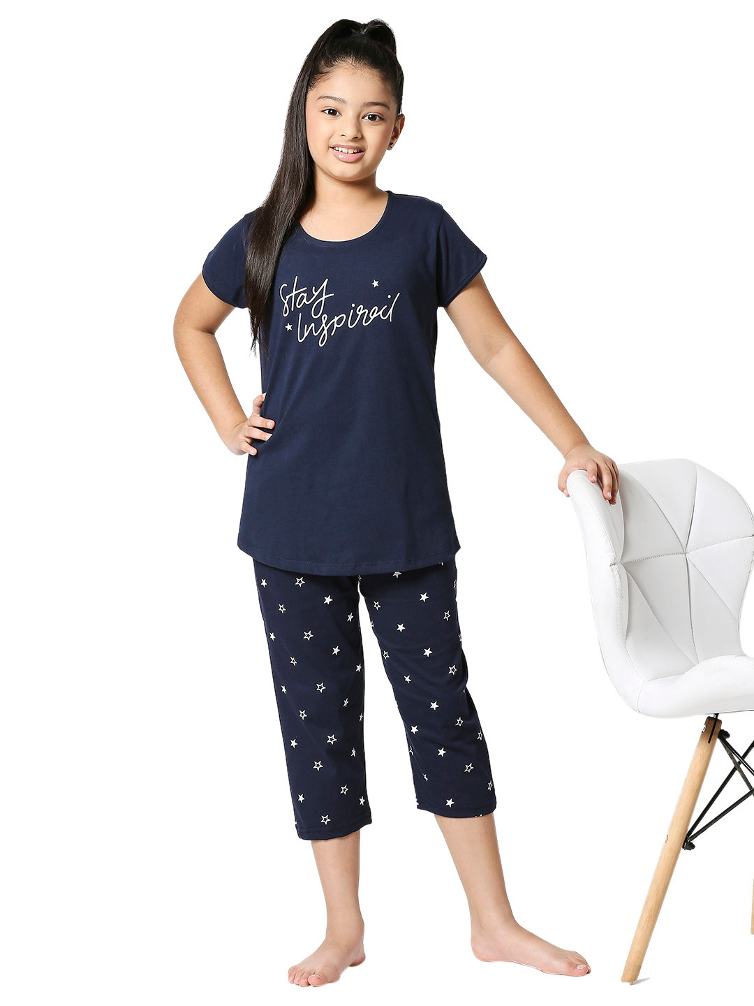 Zeyo Girls Navy Blue & White Star Printed Cotton Night Suit