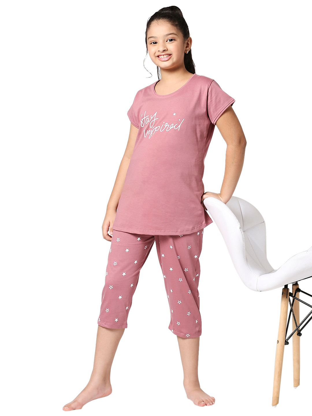 Zeyo Girls Nude-Coloured Printed Night suit