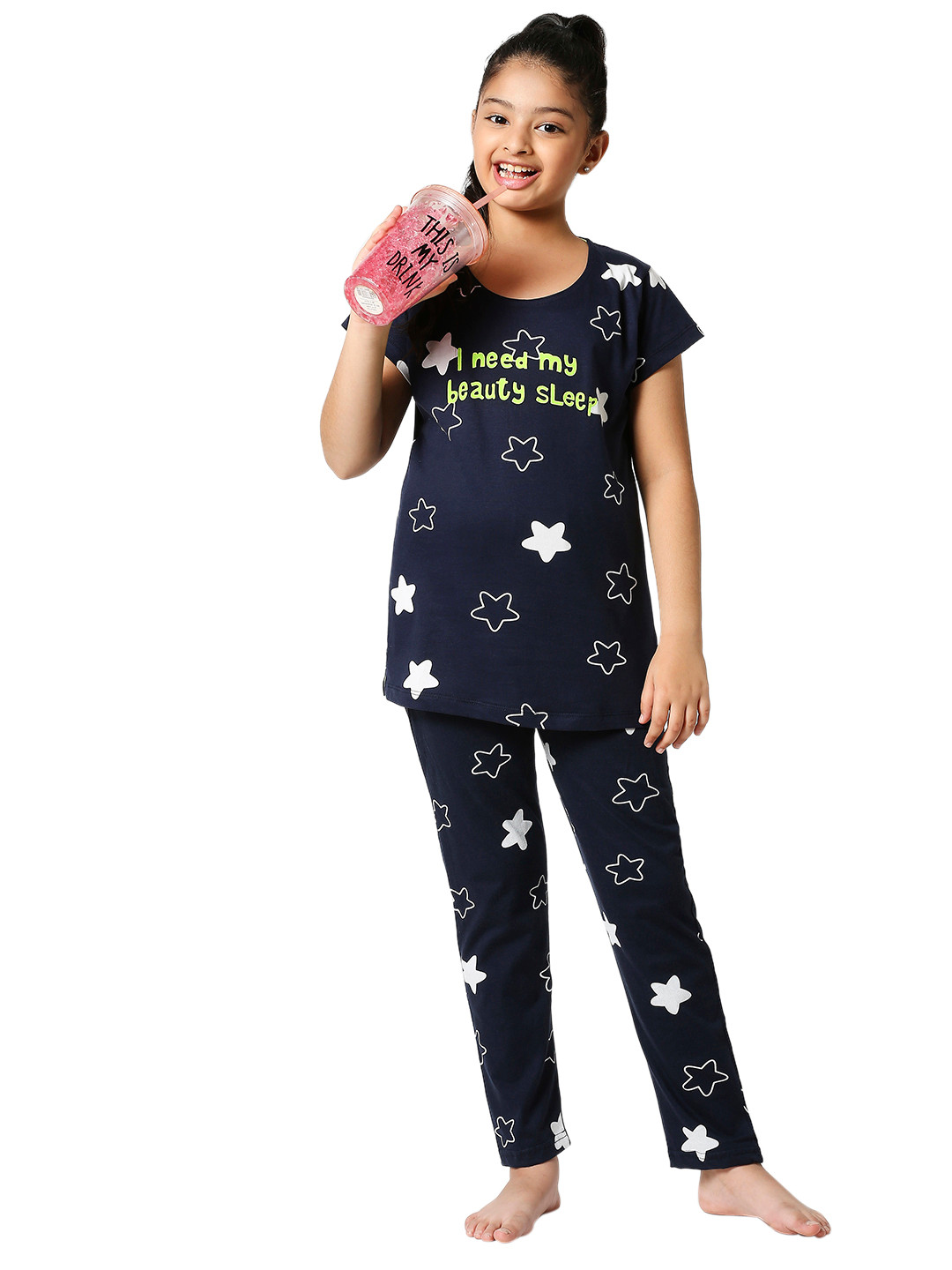 Zeyo Girls Navy Blue Star Printed Cotton Night Suit