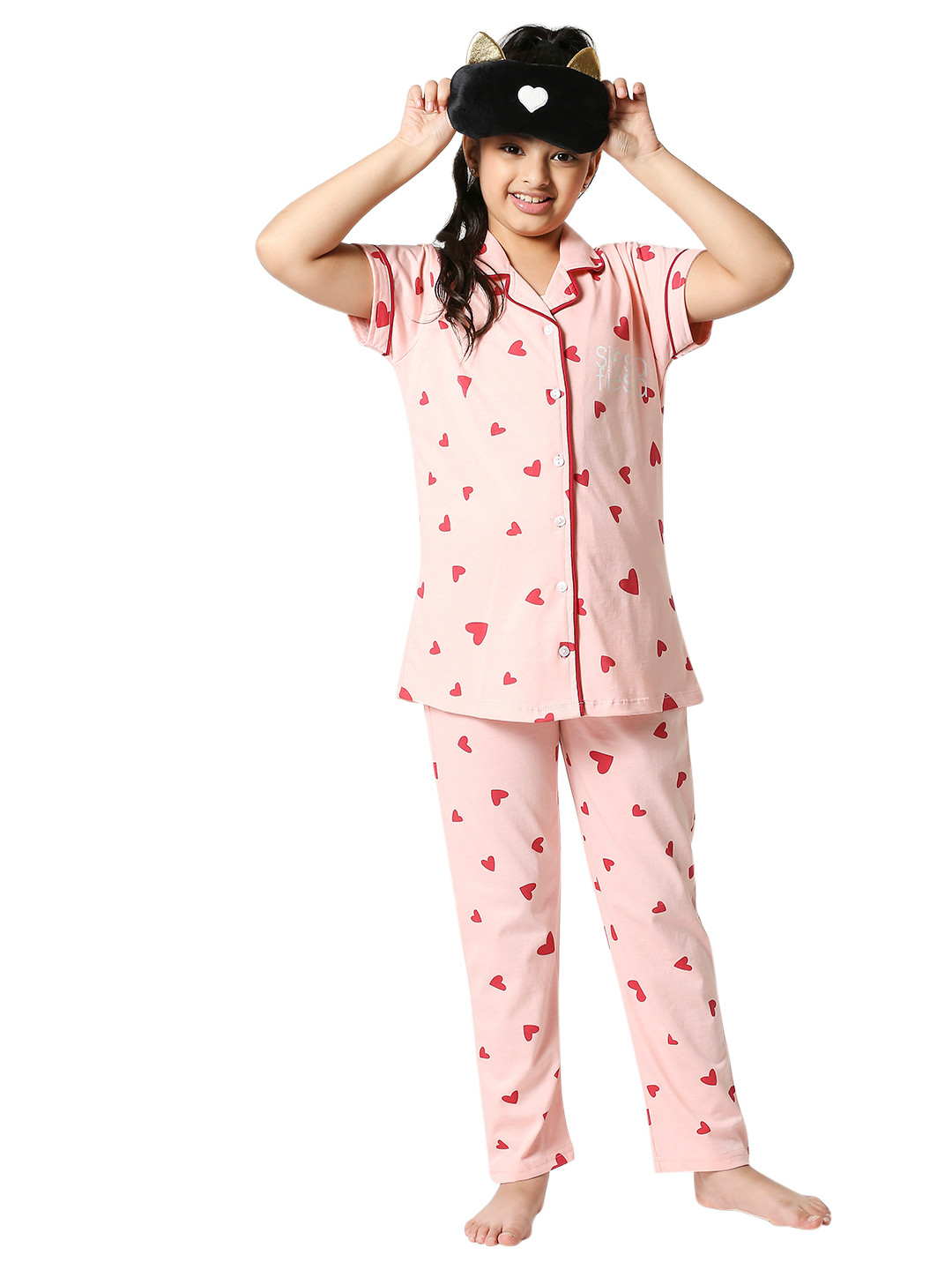 Zeyo Girls Pink & Red Printed Night suit