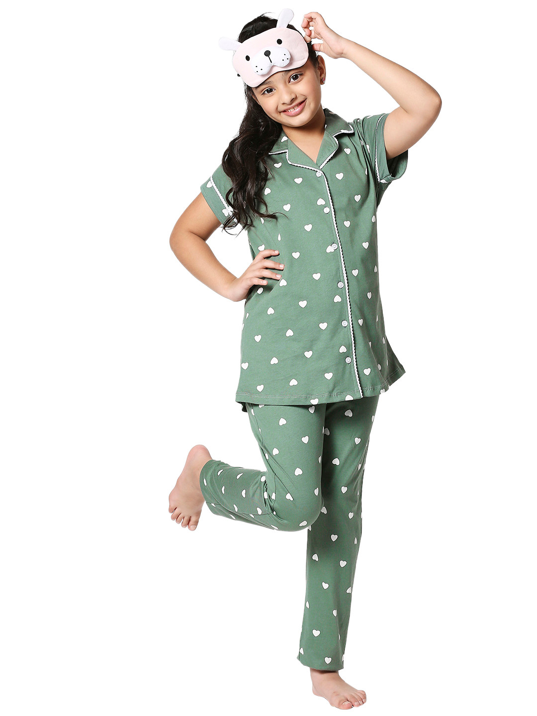 Zeyo Girls Green & White Printed Night suit