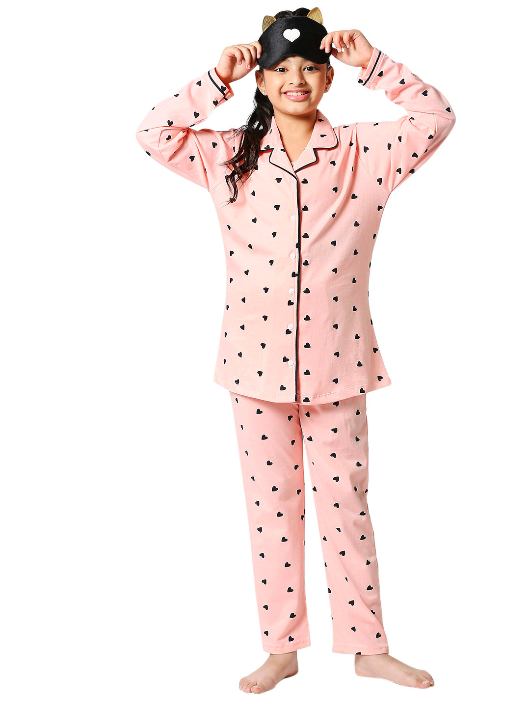 Zeyo Girls Peach & Black Printed Cotton Night Suit