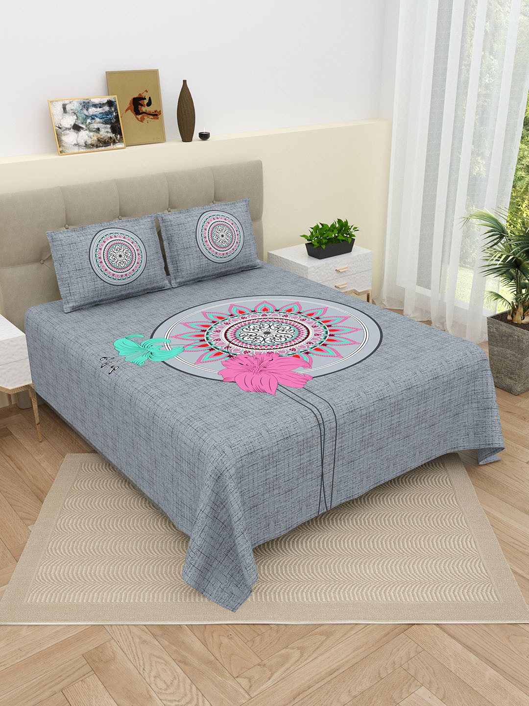 DREAM WEAVERZ Grey Motifs Pure Cotton 220 TC King Superfine Bedsheet Set-108 x 101 inches