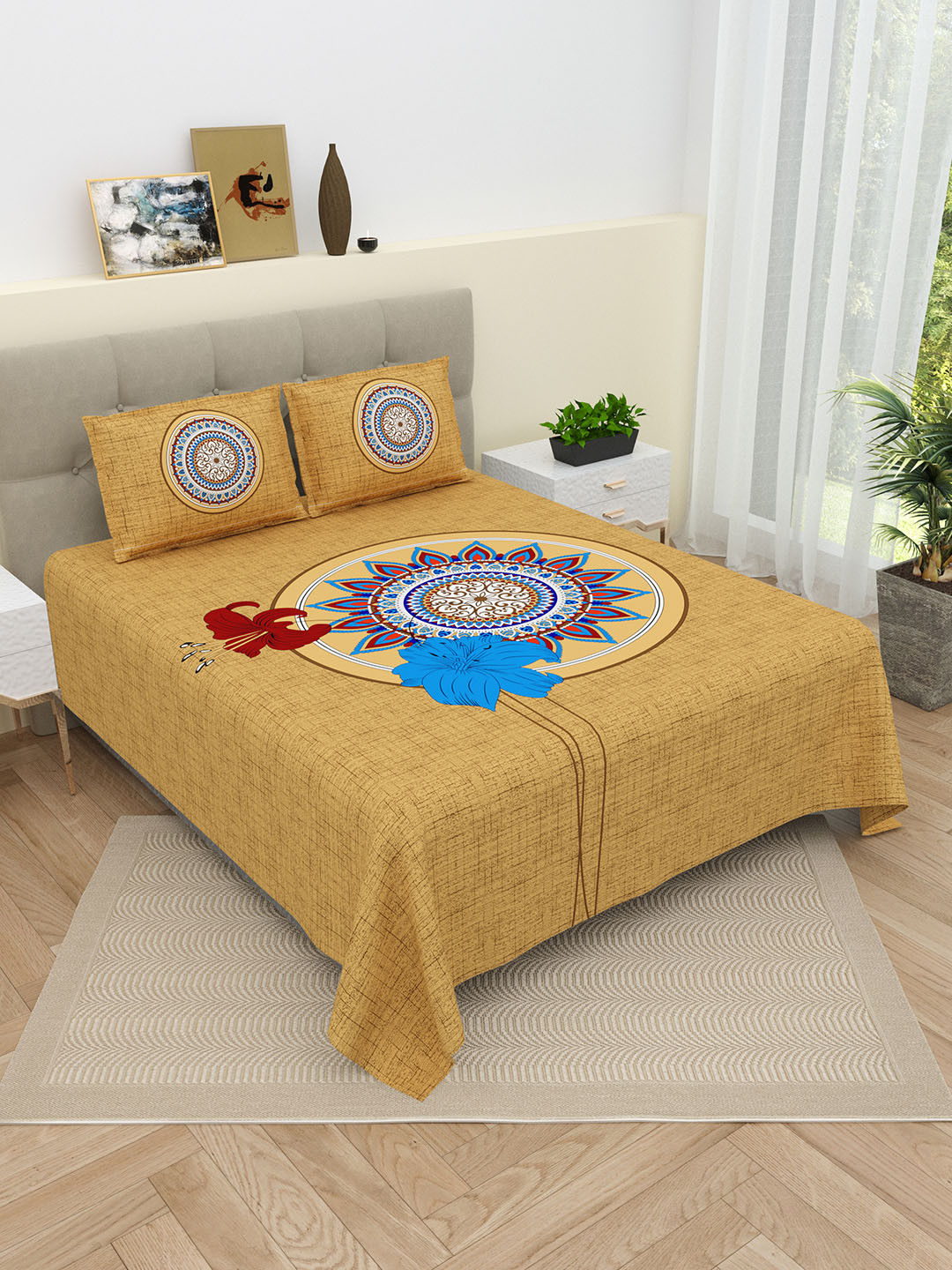 DREAM WEAVERZ Mustard Motifs Pure Cotton 220TC King Superfine Bedsheet Set100 x 108 inches