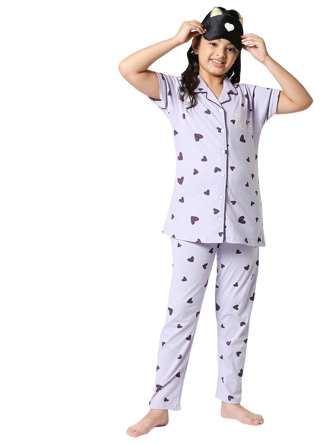 Zeyo Girls Violet Printed Cotton Night Suit