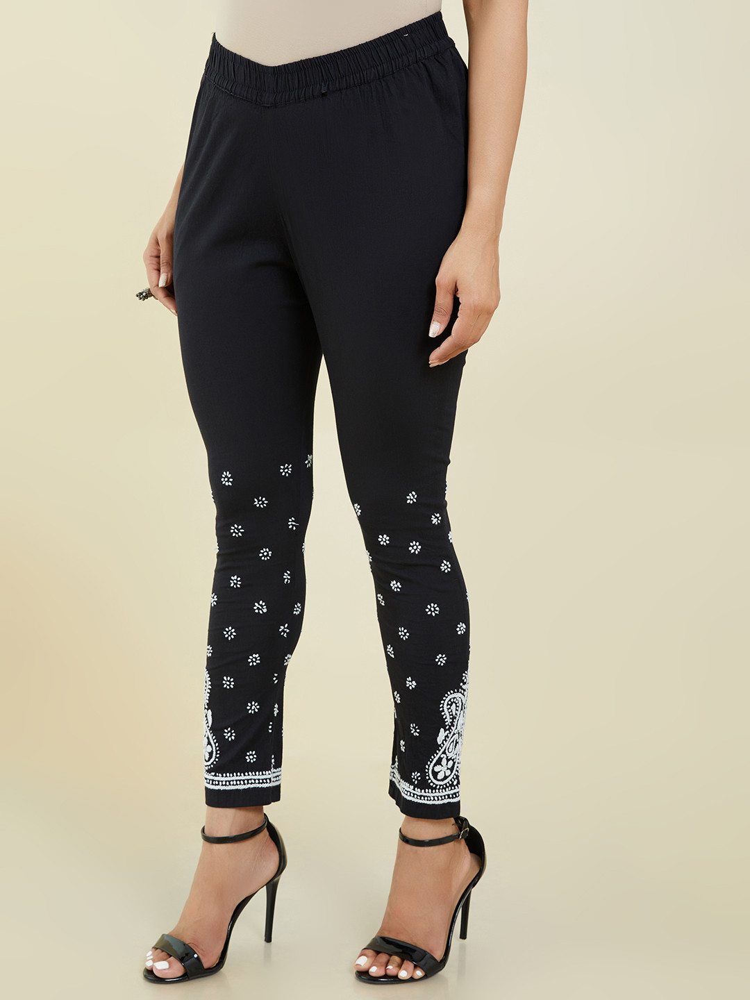 Soch Women Black Ethnic Motifs Printed Skinny Fit Regular Trousers