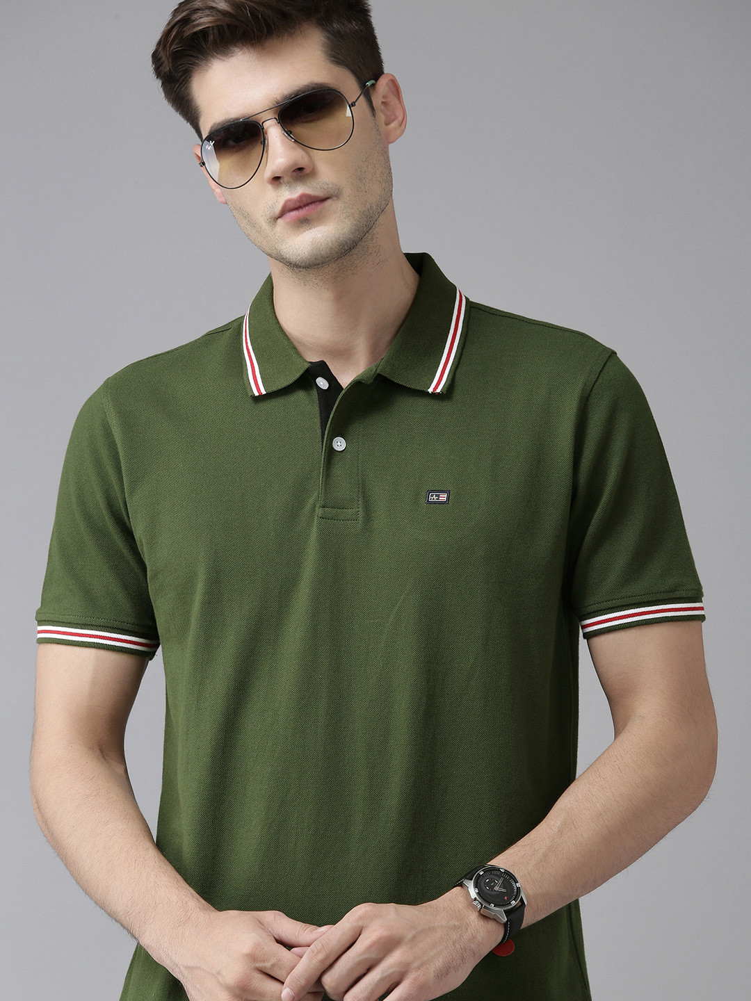 Arrow Men Olive Green Solid Polo Collar Pure Cotton T-shirt