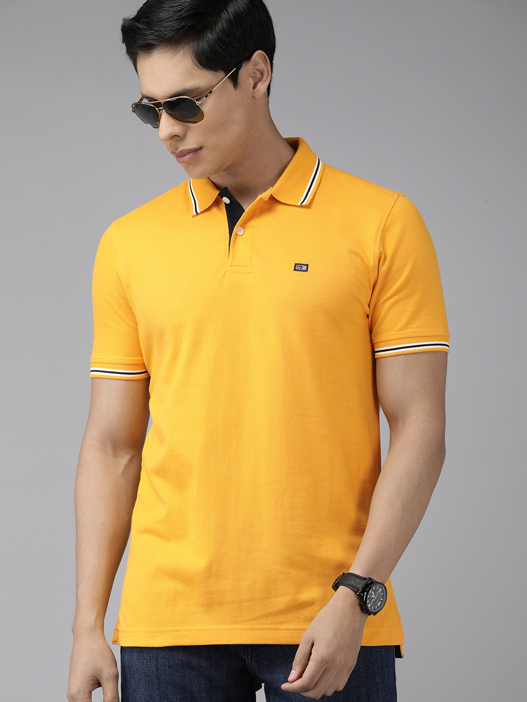 Arrow Men Yellow Solid Polo Collar Pure Compact Cotton Pure Cotton T-shirt