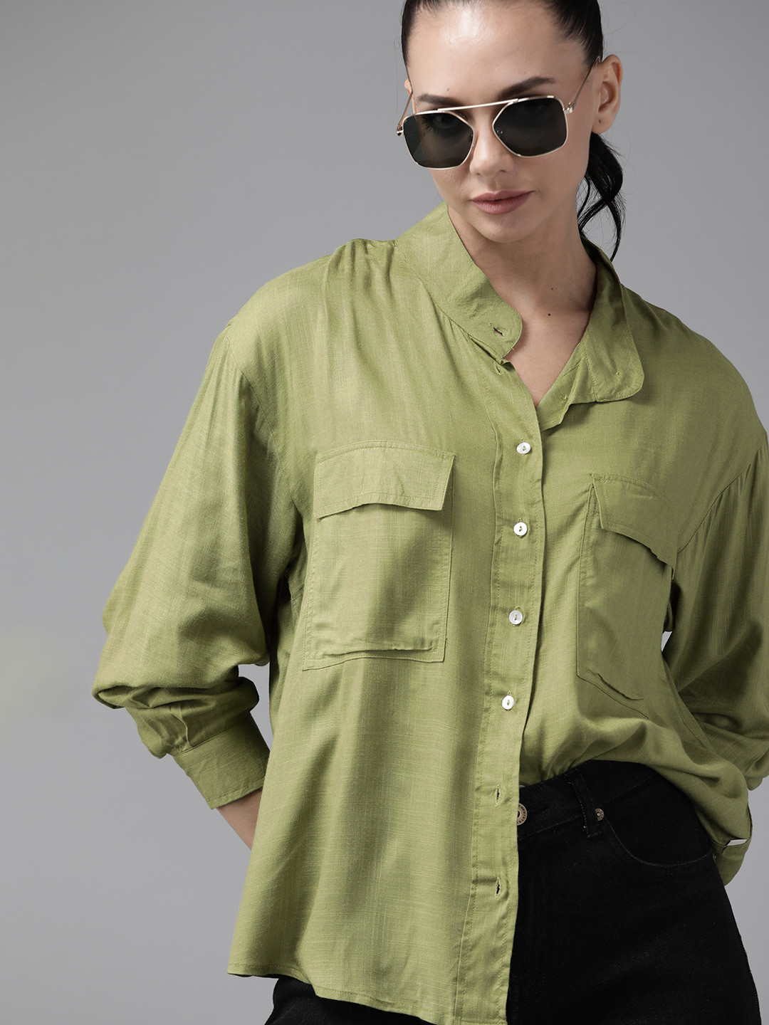 Roadster Women Olive Green Solid Casual Shirt