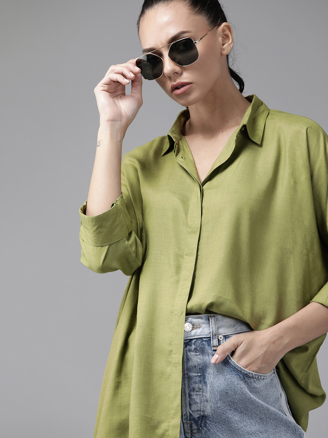 Roadster Women Olive Green Solid Casual Shirt