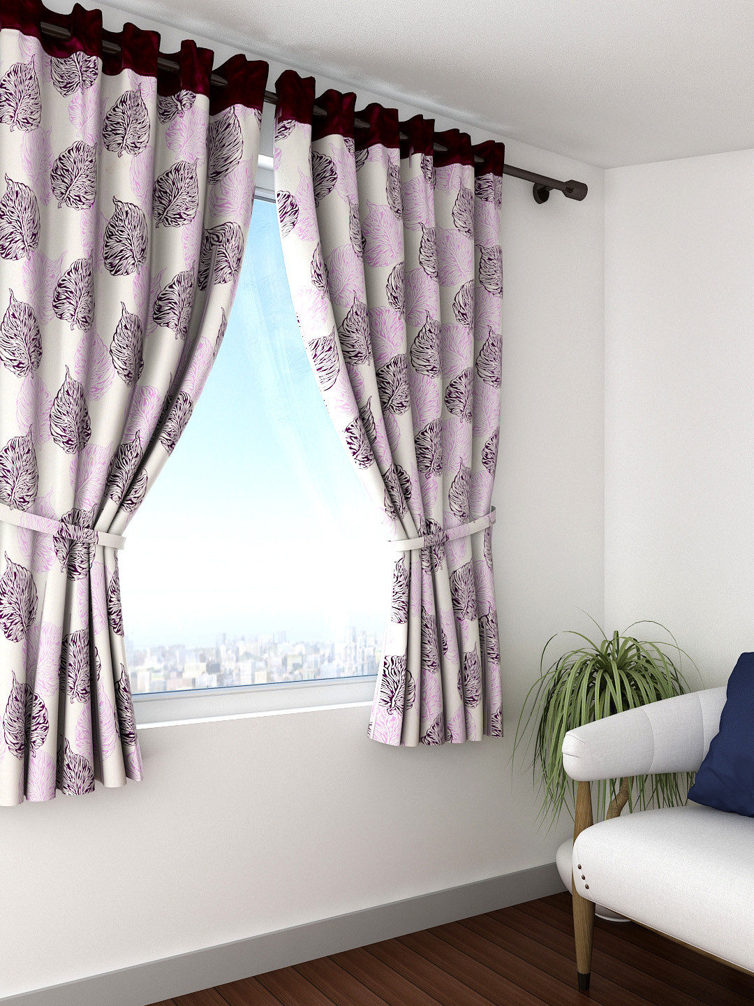 Cortina Set of 2 Off-White & Purple Printed Window Curtains