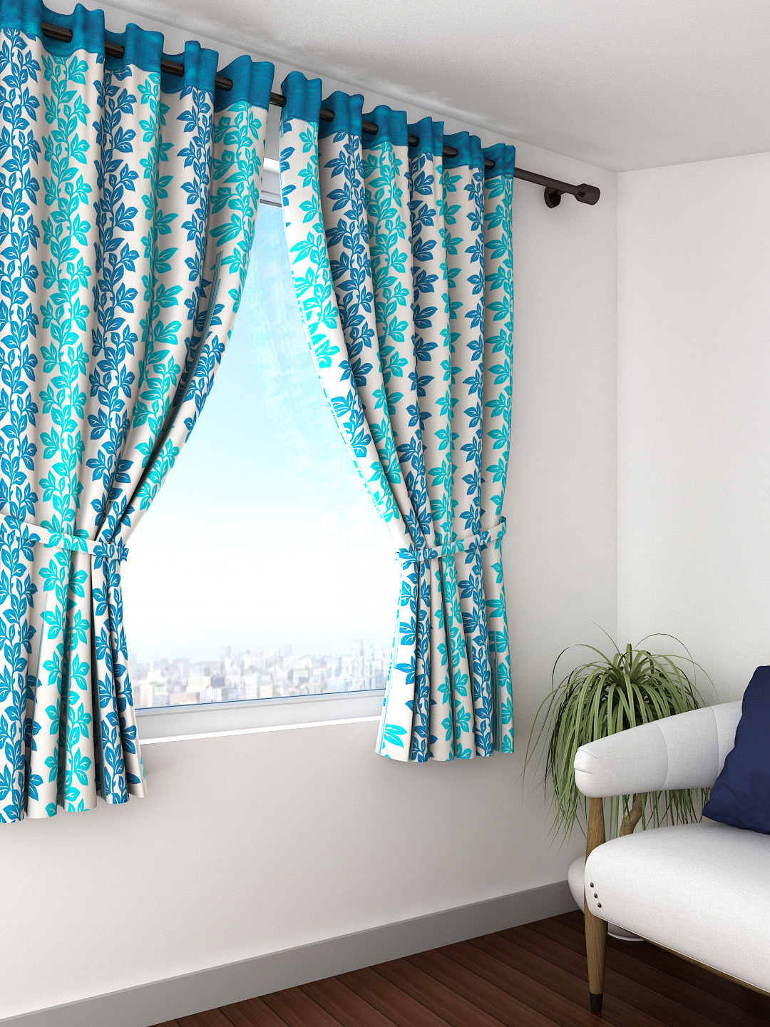 Cortina Set of 2 Blue Leaf Print Window Curtains