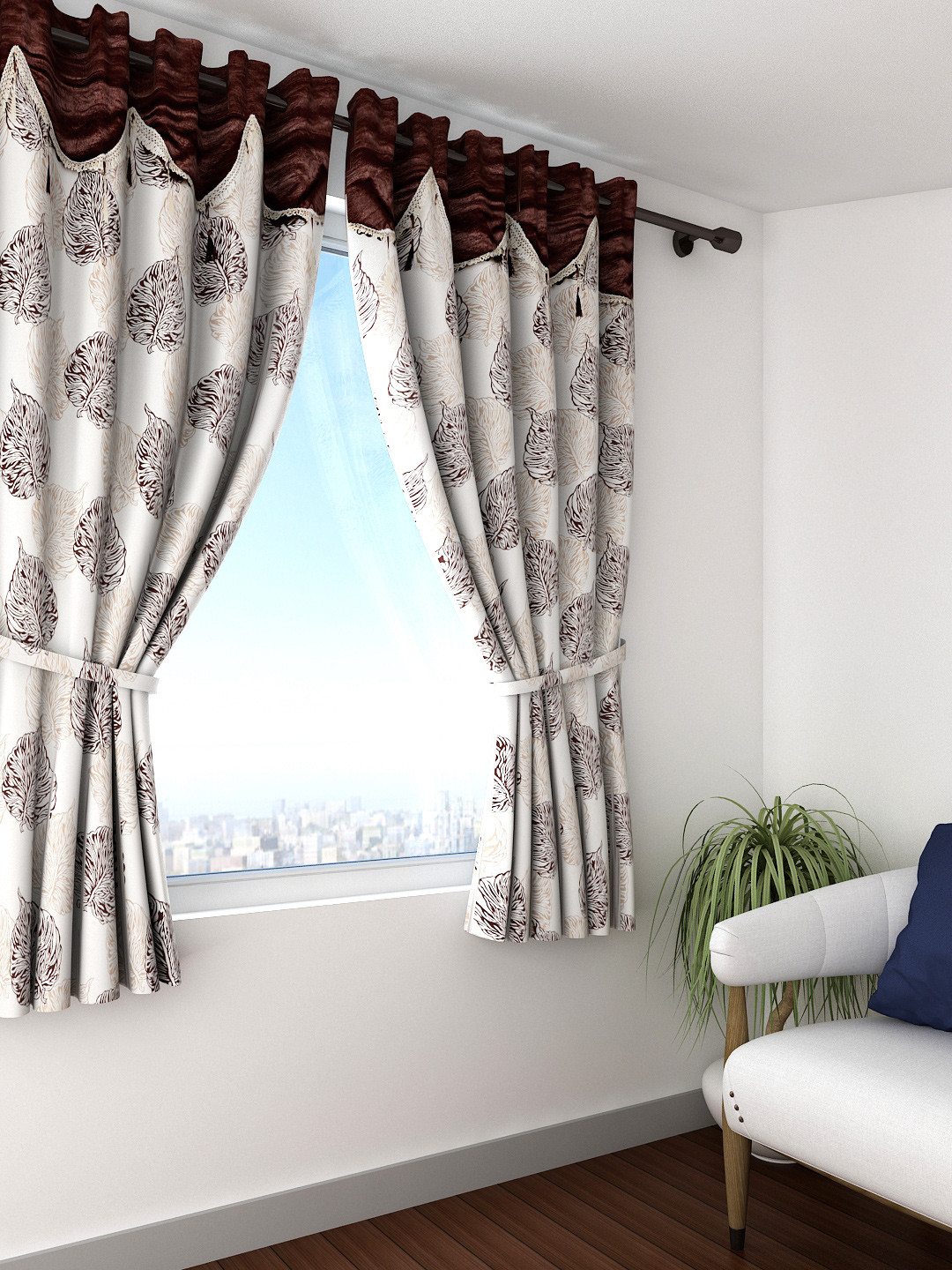 Cortina Cream-Coloured & Brown Set of 2 Fancy Valance Leaf Printed Window Curtains