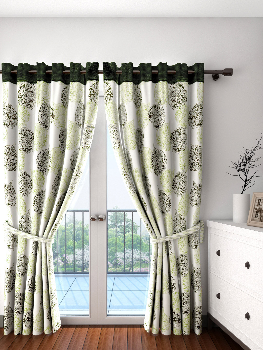 Cortina Set of 2 Off-White & Green Leaf Print Door Curtains