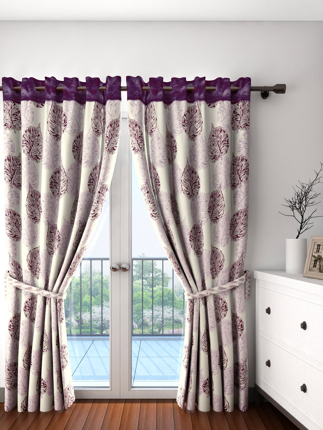 Cortina Set of 2 Off-White & Purple Leaf Print Door Curtains