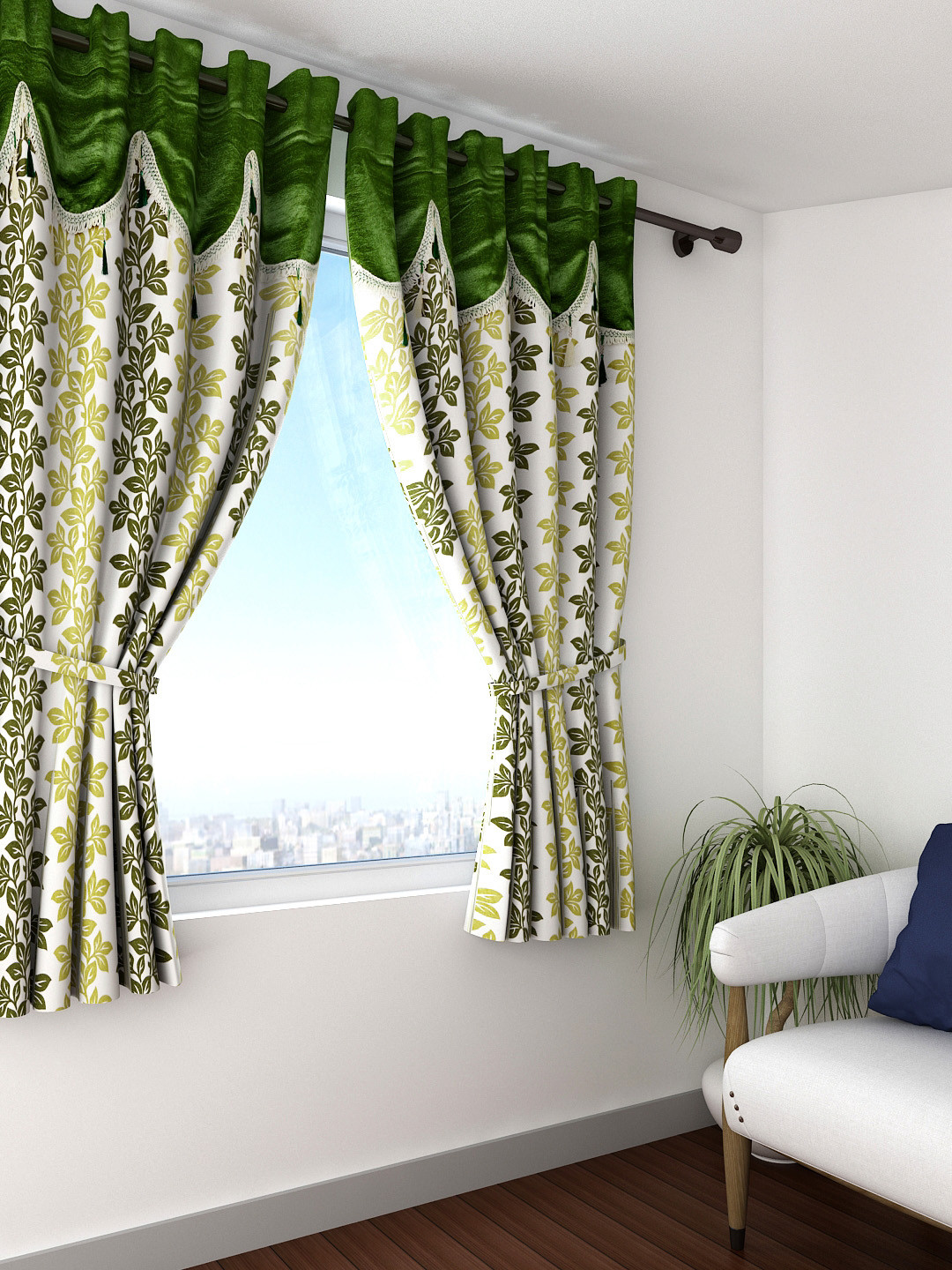 Cortina Off-White & Green Set of 2 Fancy Valance Floral Printed Window Curtains