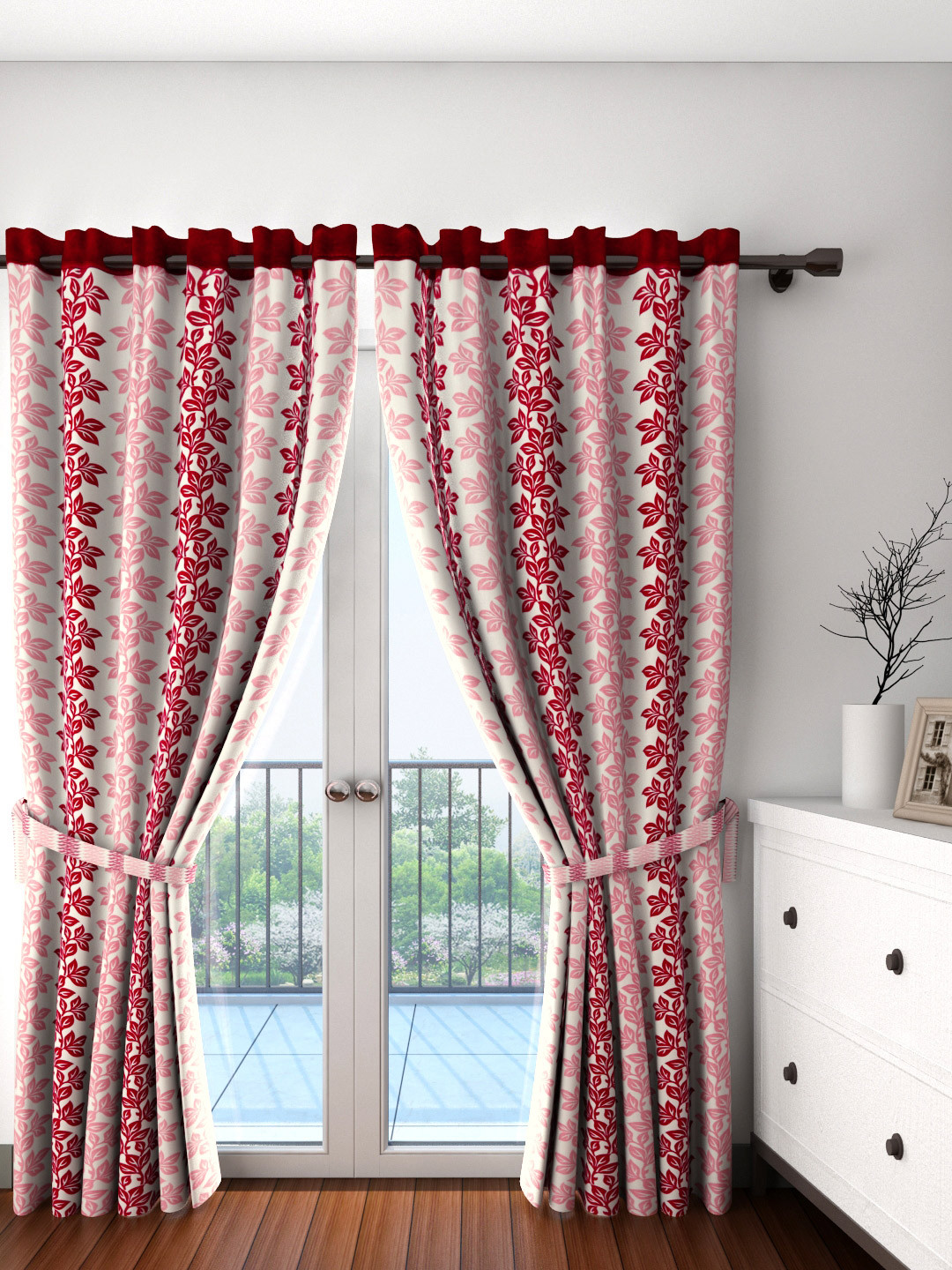 Cortina Set of 2 Off-White & Maroon Leaf Print Door Curtains