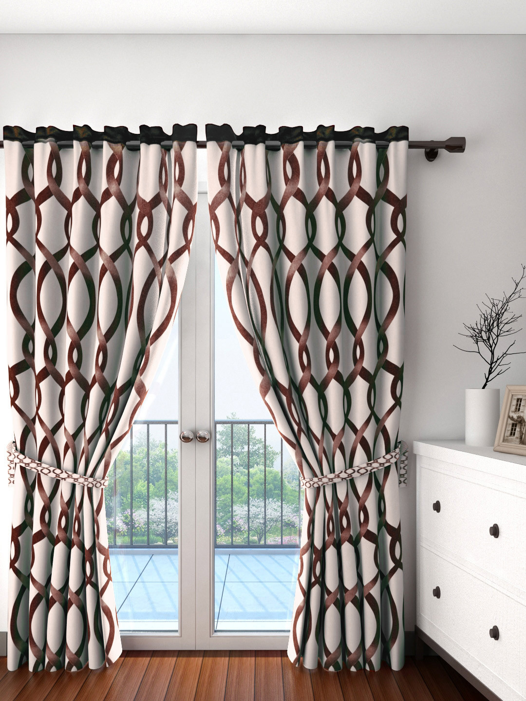 Cortina Set of 2 Off-White & Coffee Brown Printed Door Curtains