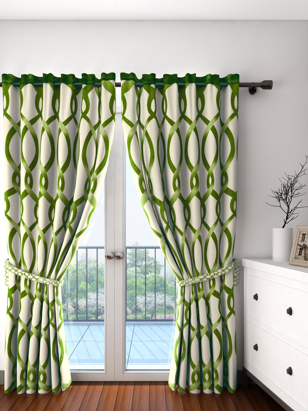 Cortina Set of 2 Off-White & Green Printed Door Curtains