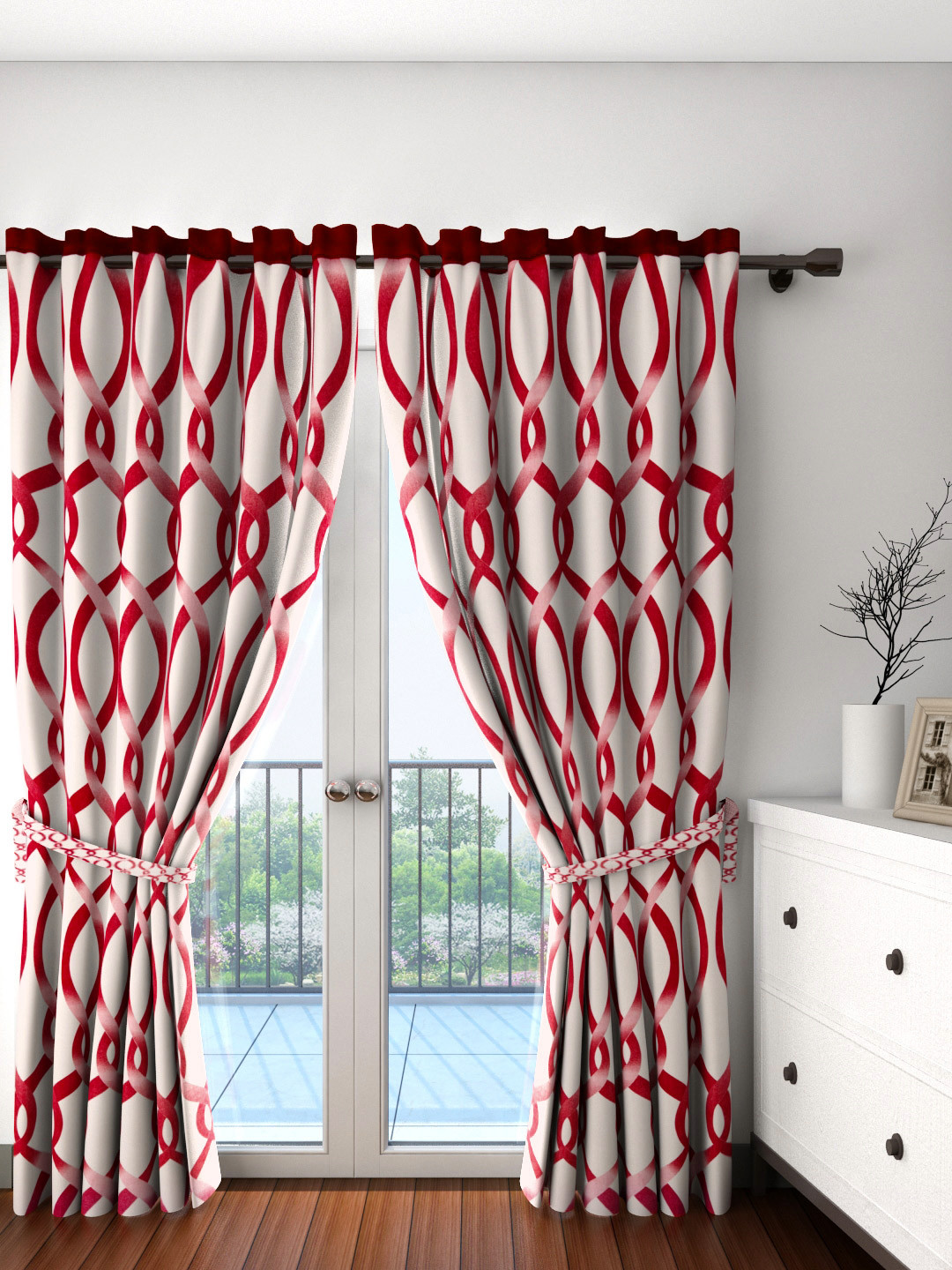 Cortina Set of 2 Off-White & Maroon Printed Door Curtains